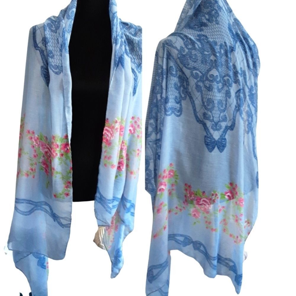Silky Sheer Scarf 100% Viscose‎ Blues/Pinks 70" x 36"